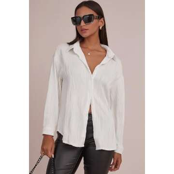 CHYRII Women's White Button Down Long Sleeve Shirts Wave Textured Casual Work Office Blouse Tops S