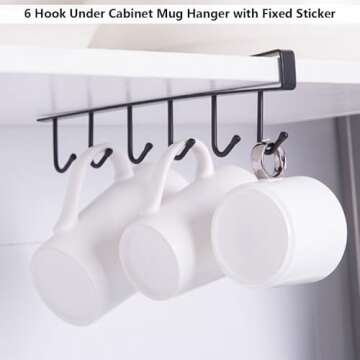 Oniapro 2 Pack Storage Mug Hooks Rack Under Cabinet, 6 Hooks Cup Holder Hanger, Ties Belts Scarf Hanging Hook Rack, Mug Hook Hanger Under Shelf Without Drilling Kitchen Utensil Hanger
