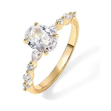 PAVOI 14K Yellow Gold Plated 1.25CT Oval Cubic Zirconia Promise Engagement Ring | Solitaire Wedding Bands | Halo Fake Engagement Ring for Women | Size 6