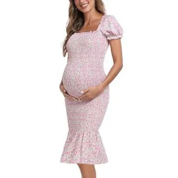 Maternity Summer Floral Midi Bodycon Dresses, Short Puff Sleeve Square Neck Ruffle Hem Mermaid Baby ...