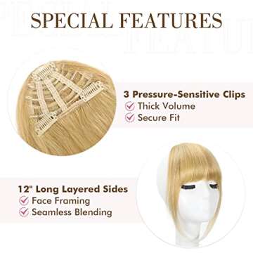 REECHO Bangs Hair Clip in Bangs, 100% Real Human Hair 3 Secure Clips in Blunt Cut Full Fringe French Bangs Natural Thick Volume BlondeFake Bangs with Temples Hairpieces for Women Daily Wear - Medium Blonde with Highlights