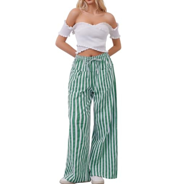 AIHUKOCY Women Drawstring Stripe Wide Leg Casual Trousers Striped Low Rise Casual Loose Lounge Pants...
