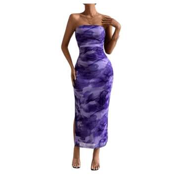 GORGLITTER Women's Floral Strapless Bodycon Wedding Guest Dress Mesh Birthday Going Out Vacation Tube Maxi Long Dresses Purple Medium
