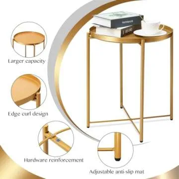 danpinera Gold Side Table, Gold End Table for Small Spaces Outdoor Accent Table Round Metal Patio Coffee Table Waterproof Removable Tray Table for Living Room Bedroom Balcony Office (Gold)