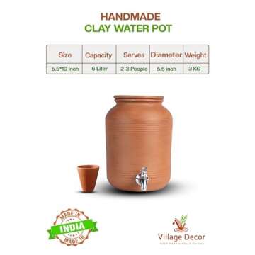 Village Decor Terracotta Water pot With Lid,Glass & 304 Stainless Steel tap |Preseasoned Terracotta ...