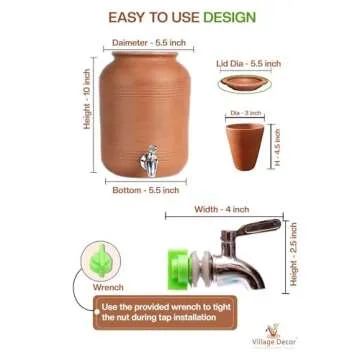 Stylish Terracotta Water Pot with Tap & Glass