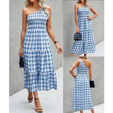BTFBM Women One Shoulder Sleeveless Casual Summer Dresses 2023 Smocked High Waist Floral Flowy Beach Boho Maxi Dress(Plaid Dark Blue, Small)