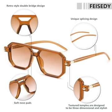 FEISEDY Vintage Square 70s Flat Aviator Sunglasses Women Men Classic Retro Stylish Frame UV400 Sunglasses B2622