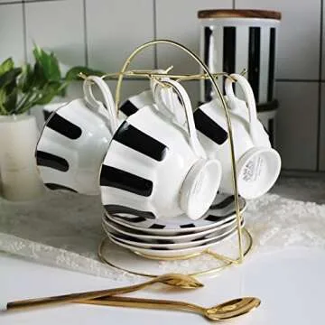 Stylish EKUEE Black and White Coffee Cup and Saucer Set