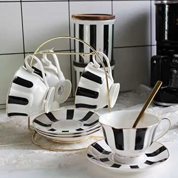 Stylish EKUEE Black and White Coffee Cup and Saucer Set