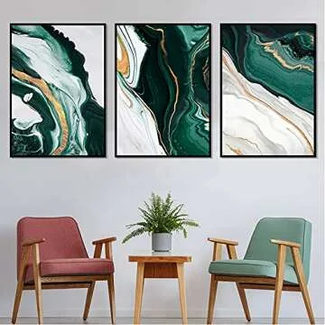 Vlolvfe Modern Abstract Dark Green Gold Foil Lines Marble Canvas Art Paintings Living Room Bedroom P...