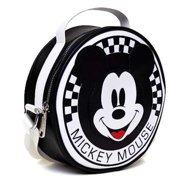 Disney Bag, Crossbody, Round, Mickey Mouse Smiling Face Applique Checker White Black, Vegan Leather