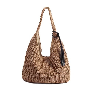 QTKJ Hand-woven Soft Large Straw Shoulder Bag with Black Tassels Boho Straw Handle Tote Retro Summer...