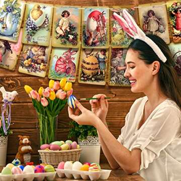 4 Pieces Vintage Easter Banner Vintage Easter Card Hanging Banner Vintage Easter Decorations Easter Garland Retro Happy Easter Party Supplies