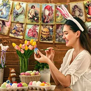 4 Pieces Vintage Easter Banner Vintage Easter Card Hanging Banner Vintage Easter Decorations Easter Garland Retro Happy Easter Party Supplies