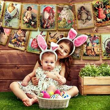 4 Pieces Vintage Easter Banner Vintage Easter Card Hanging Banner Vintage Easter Decorations Easter Garland Retro Happy Easter Party Supplies