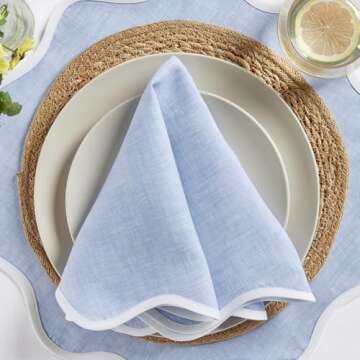 Solino Home Scallop Linen Dinner Napkins 20 Inch - 100% Pure Linen White and Chambray Blue Round Clo...