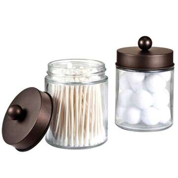 Amolliar 4Pc Apothecary Jars Bathroom Vanity Storage Organizer Set -Countertop Canister with Stainless Steel Lids &Cute Stickers - Qtip Dispenser Holder for Qtips,Cotton Swabs,Makeup Sponges (Bronze)