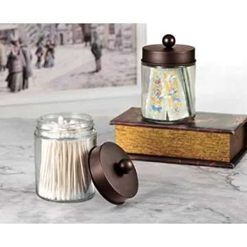 Amolliar 4Pc Apothecary Jars Bathroom Vanity Storage Organizer Set -Countertop Canister with Stainless Steel Lids &Cute Stickers - Qtip Dispenser Holder for Qtips,Cotton Swabs,Makeup Sponges (Bronze)