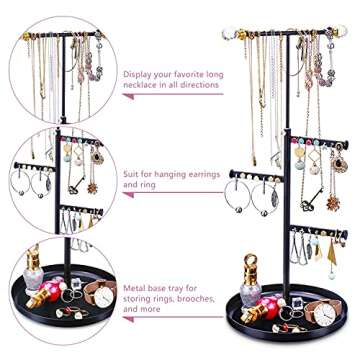 Keebofly Jewelry Tree Stand Organizer - Metal Necklace Organizer Display with Adjustable Height for Necklaces Bracelet Earrings and Ring Black