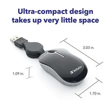 Verbatim Wired Optical Computer Mini USB-A Mouse - Plug & Play Corded Small Travel Mouse with Retractable Cable – Black 98113