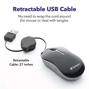 Verbatim Wired Optical Computer Mini USB-A Mouse - Plug & Play Corded Small Travel Mouse with Retractable Cable – Black 98113