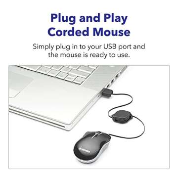 Verbatim Wired Optical Computer Mini USB-A Mouse - Plug & Play Corded Small Travel Mouse with Retractable Cable – Black 98113