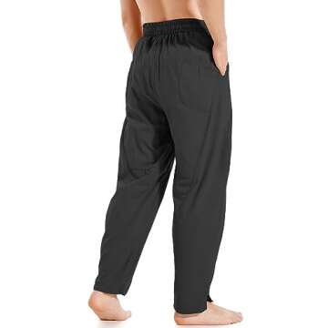 AITFINEISM Mens Cotton Linen Pants Elastic Drawstring Waist Lightweight Summer Beach Pants (32-34, Black)