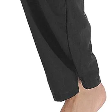 AITFINEISM Mens Cotton Linen Pants Elastic Drawstring Waist Lightweight Summer Beach Pants (32-34, Black)