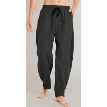 AITFINEISM Mens Cotton Linen Pants Elastic Drawstring Waist Lightweight Summer Beach Pants (32-34, Black)