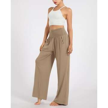 ODODOS Women's Wide Leg Palazzo Lounge Pants with Pockets Light Weight Loose Comfy Casual Pajama Pants-28 Inseam, Peanut, Medium
