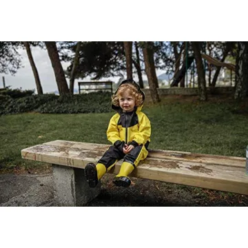 Stonz Kids Rain Suit - Toddler & Kids One Piece Outdoor Coverall with Hood - Waterproof Kids Clothes with Reflective Seams (4T - Yellow)
