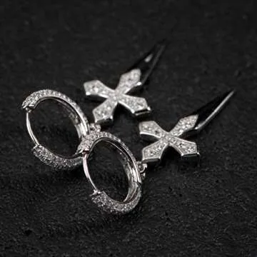 Men's Iced Cz Dangle Sterling Silver Hanging Elegant Huggie Dagger Cross Hoop Earrings