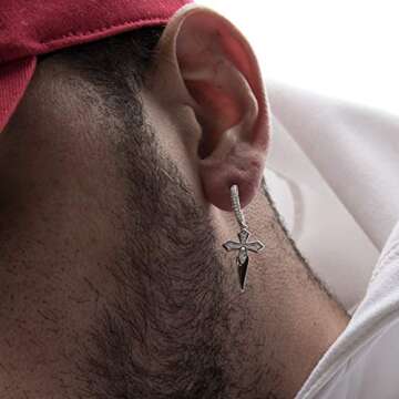 Men's Iced Cz Dangle Sterling Silver Hanging Elegant Huggie Dagger Cross Hoop Earrings