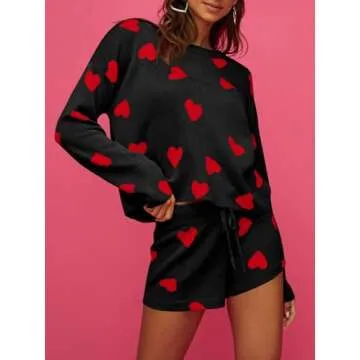 Saodimallsu Women’s Valentine's Day Pajama Set Hearts Print Lounge Sets Long Sleeve Sweater and Sh...