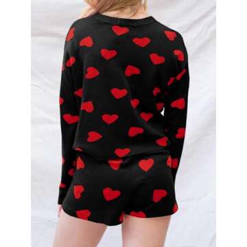 Saodimallsu Women’s Valentine's Day Pajama Set Hearts Print Lounge Sets Long Sleeve Sweater and Shorts 2 Piece Outfits Black