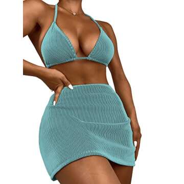 SweatyRocks Women's 3 Piece Zebra Striped Bikini Swimsuit Set & Beach Skirt Set Bathing Suit Pale Bl...