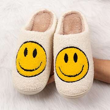 DepiYorSn Happy Face Slippers Retro Cozy Comfy Plush Warm Slip-on Slippers Winter Soft Fuzzy Indoor ...