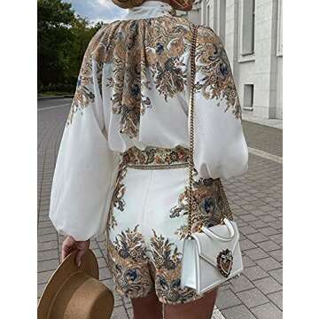 Gihuo Womens Boho Print Long Sleeve Top High Waist Shorts Sets 2 Piece Outfits Tropical Romper Summer Matching Set(White-S)