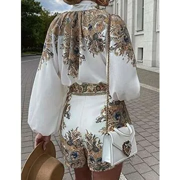 Gihuo Womens Boho Print Long Sleeve Top High Waist Shorts Sets 2 Piece Outfits Tropical Romper Summer Matching Set(White-S)