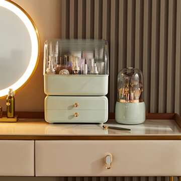 DEEIF Makeup Brush Holder Organizer with Lid 360 Rotating Dustproof Makeup Brushes Organizer for Vanity (Mint Green)