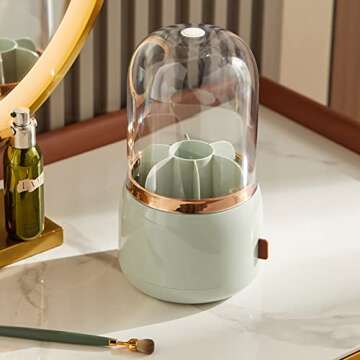 DEEIF Makeup Brush Holder Organizer with Lid 360 Rotating Dustproof Makeup Brushes Organizer for Vanity (Mint Green)