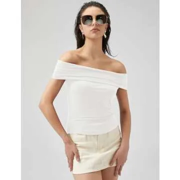 Micoson Off The Shoulder Crop Tops for Women Boat Neck Summer Tshirts Cute Going Out Short Sleeve Sh...