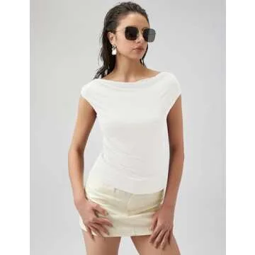 Micoson Off The Shoulder Crop Tops for Women Boat Neck Summer Tshirts Cute Going Out Short Sleeve Shirts Trendy Slim Fit Tee Holiday White Large