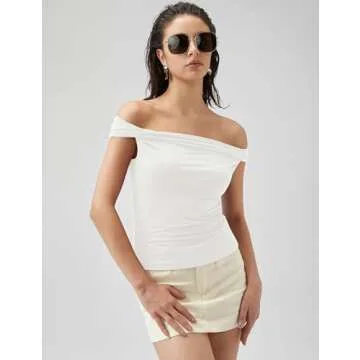 Micoson Off The Shoulder Crop Tops for Women Boat Neck Summer Tshirts Cute Going Out Short Sleeve Shirts Trendy Slim Fit Tee Holiday White Large