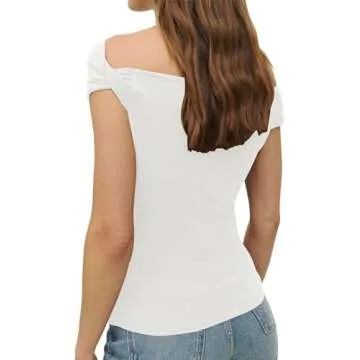 Micoson Off The Shoulder Crop Tops for Women Boat Neck Summer Tshirts Cute Going Out Short Sleeve Shirts Trendy Slim Fit Tee Holiday White Large