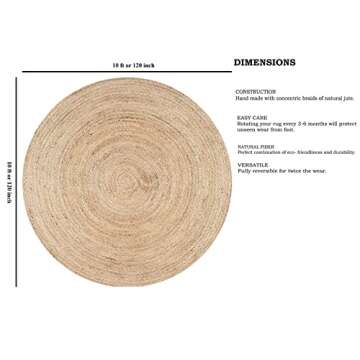 FRELISH DECOR Handwoven Jute Area Rug - 10 feet Round - Natural Yarn - Rustic Vintage Beige Braided ...