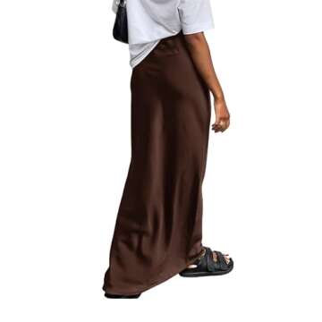Vrtige Women's Elegant Satin Silky High Waist Zipper Flowy A Line Long Maxi Skirts Solid Dark Brown ...