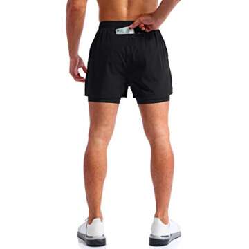 Pudolla Men’s 2 in 1 Running Shorts 5" Quick Dry Gym Athletic Workout Shorts for Men with Phone Pockets(Black Small)
