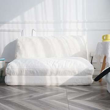 N&V Folding Matress Sofa Bean Bag Bed, Foam Filling Folding Matress Sofa, Includes Removable and Machine Washable Cover, Soft Premium Faux Fur (Medium, White)